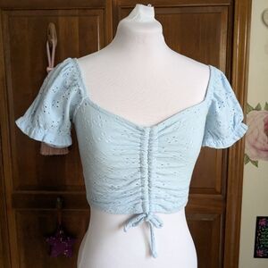 SO Sky Blue Eyelet Puff Sleeve Crop Top